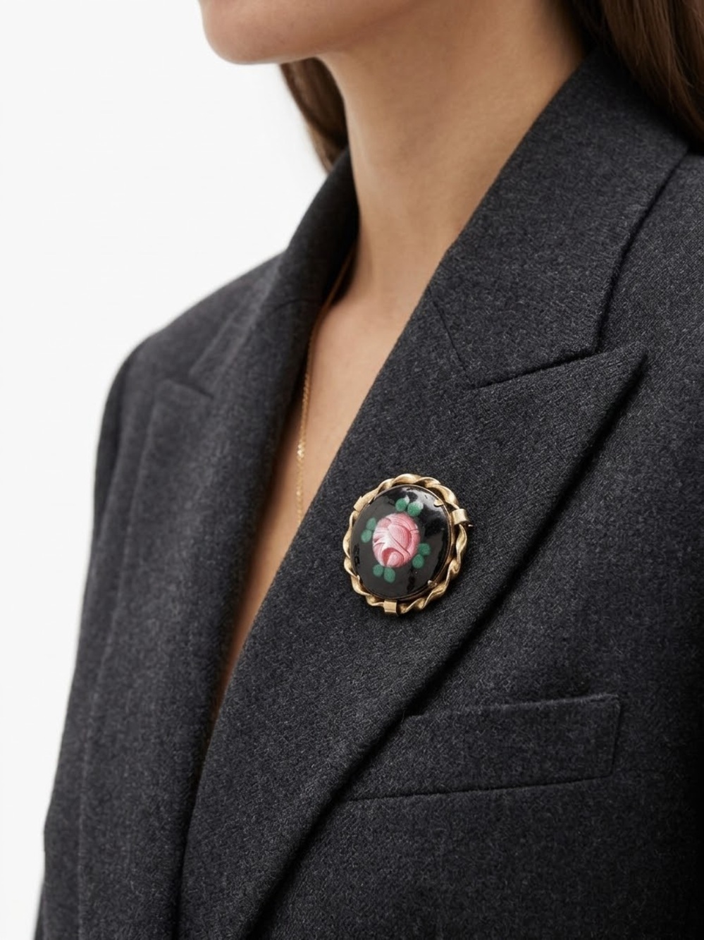Vintage Gold-Tone Floral Cameo Brooch - Pink Rose on Black